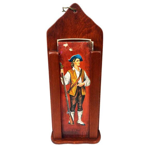 Vintage Wooden Long Matchstick Holder Wall Mount Fireplace Colonial Soldier 11" - Picture 1 of 8